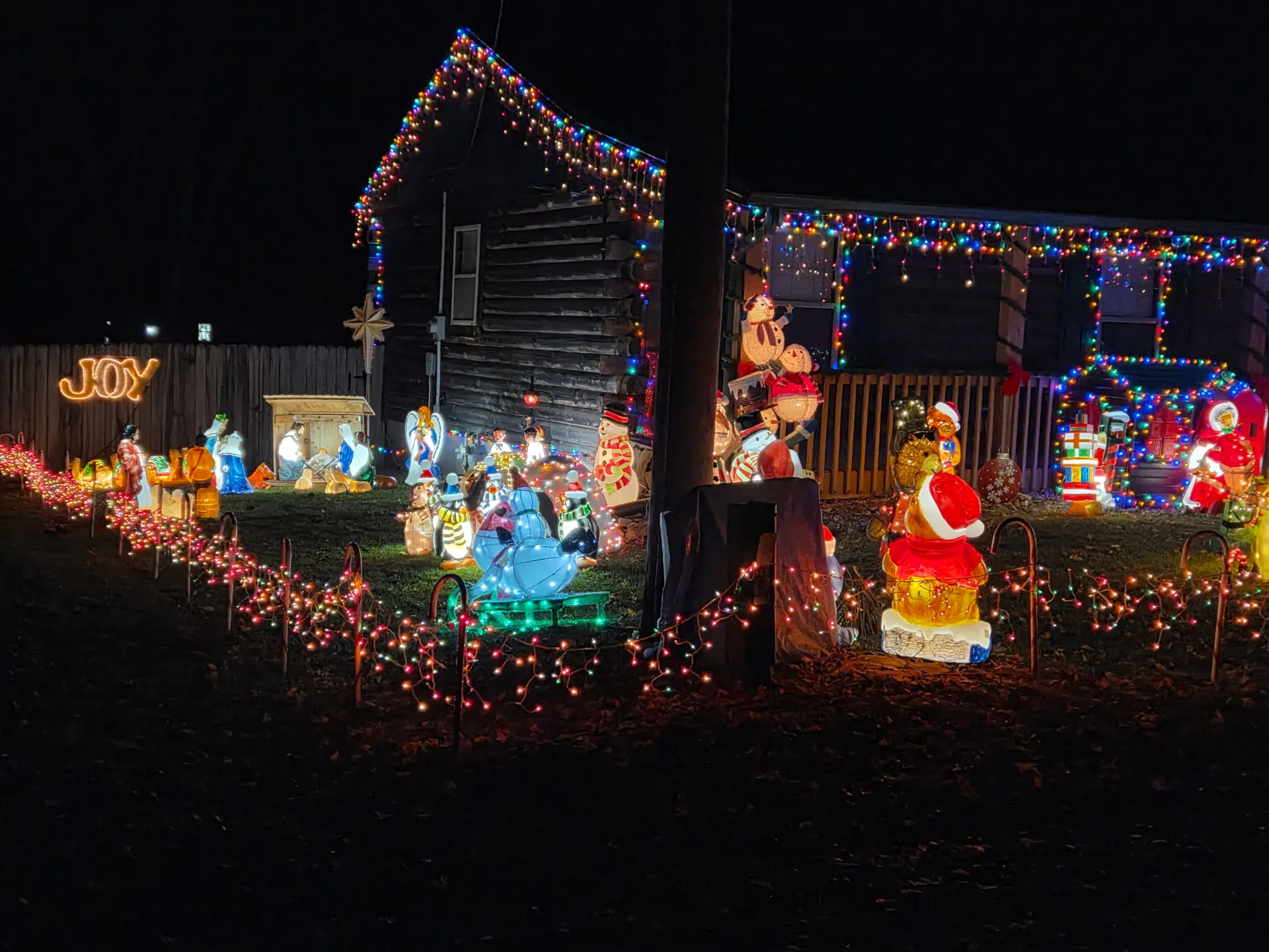 Lathrop 2025 display - nativity scene and JOY sign